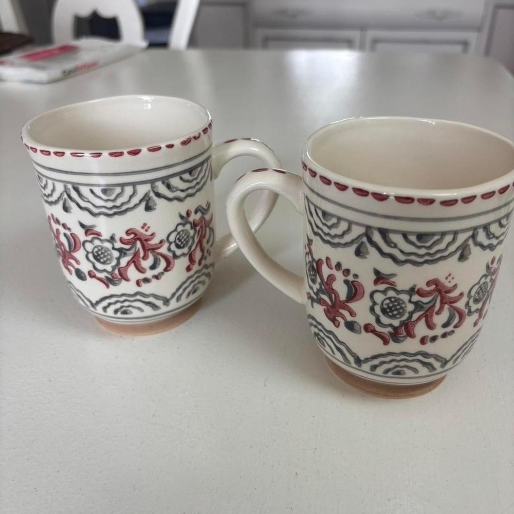 Anthropologie Reese Stoneware Mugs Set of 2 Floral Red Grey Hand Painted Boho